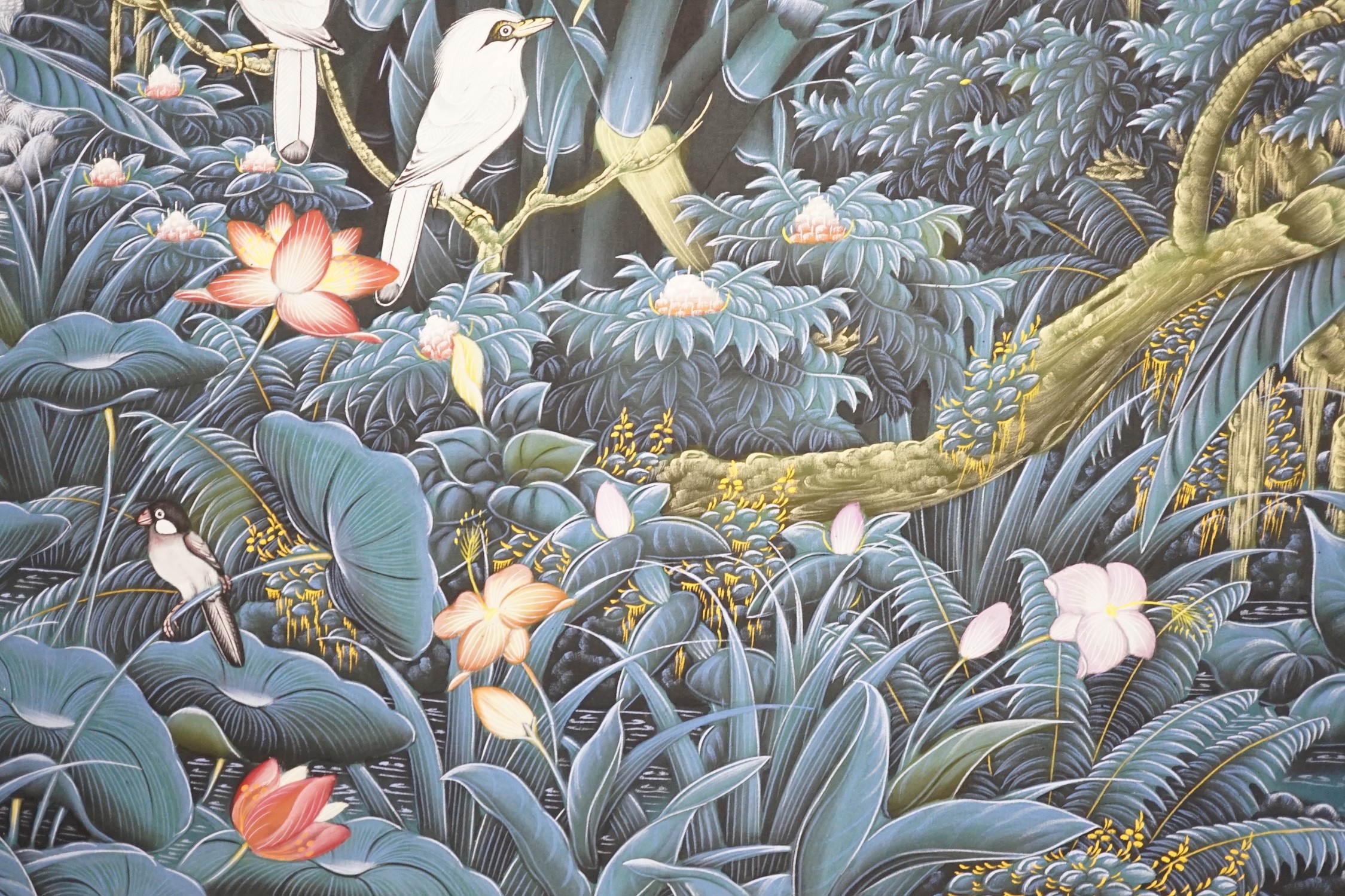 A modern Batik painting of birds amongst trees and flowers, 82 x 131cm